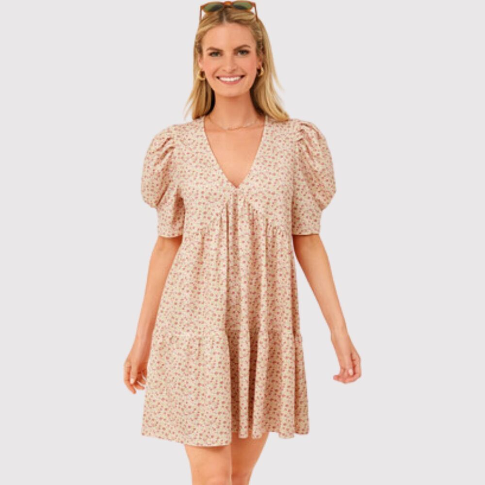 Hyacinth House Mini Dress Beige Floral V Neck Puff Sleeve Tiered Boho Small